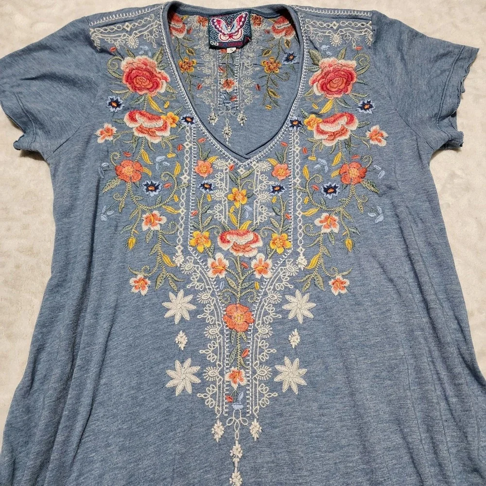 Johnny Was Women's Drape embroidered tunic dress Size S Blue Bohemian Beachy